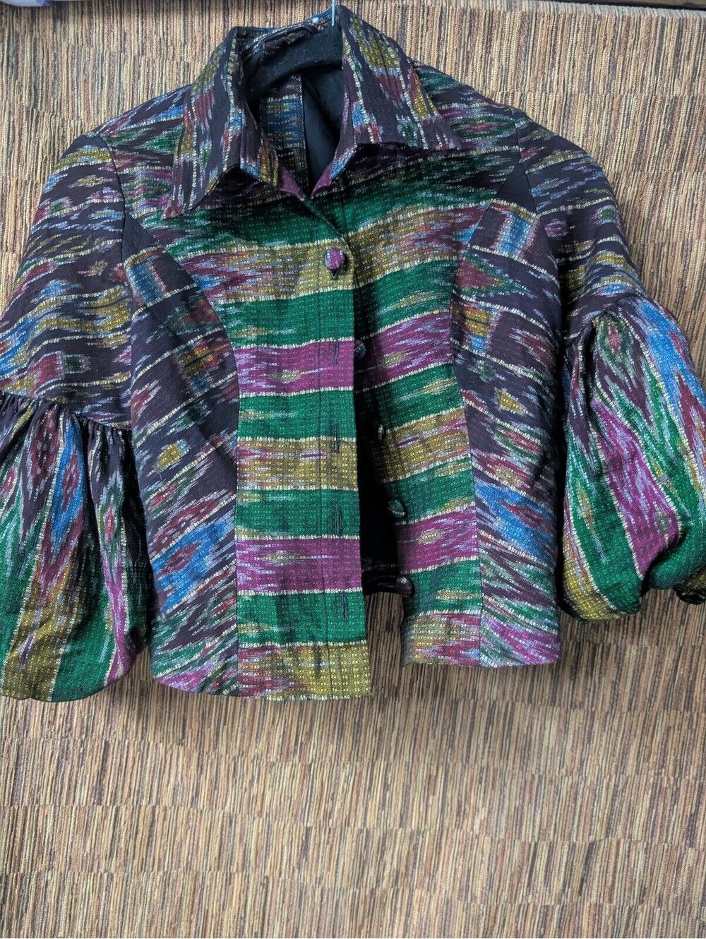 Vintage Multicolor Puff Sleeve Button-Up Blouse
